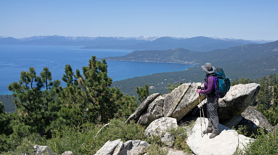 A woman hikes the Tahoe Rim Trail, East of Lake Tahoe.