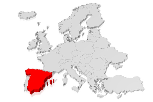 3D map of Europe with one country selected red - Spain\n\n\n\n\n\n