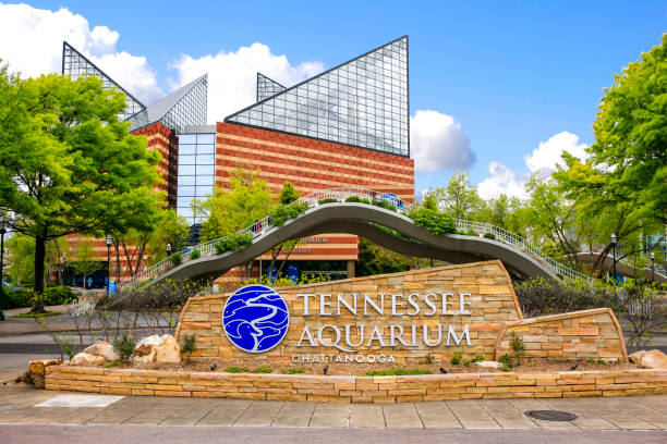 Welcome sign outside the Tennessee Aquarium building in Chattanooga, TN, USA stock photo