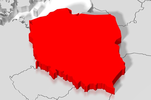 3D red map of Poland and surrounding countries.\n\n\n\n\n\n