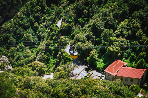 Santa Maria de Montserrat abbey in the top of the mountain, with the yellow aerial cable car