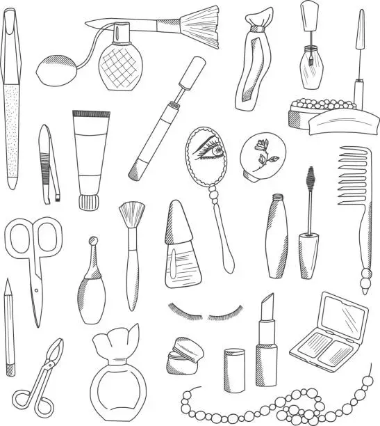 Vector illustration of Cosmetic Accessories Doodles Set