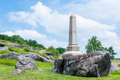 Gettysburg: Little Round Top Grave stone in Gettysburg battlefield national park in forest during summer for Maine Infantry