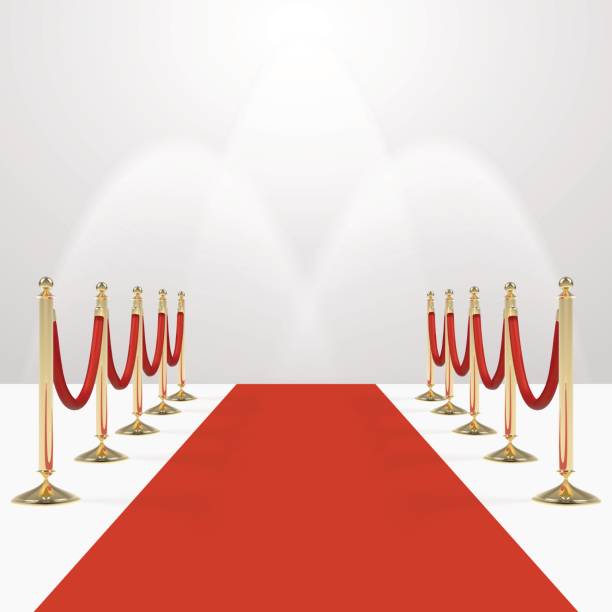 ilustraciones, imágenes clip art, dibujos animados e iconos de stock de alfombra roja con cuerdas rojo en golden montantes - estreno de película