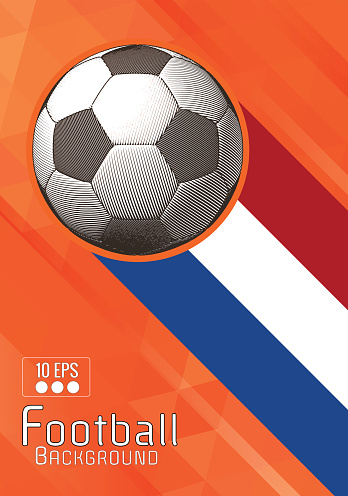 Engraving soccer ball and shadow space illustration with orange triangular and color stripe in Netherland theme background