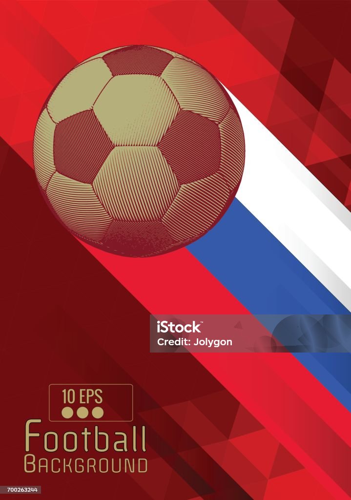 Engraving football graphic layout with color stripe on red BG Engraving soccer ball and shadow space illustration with triangular and red color stripe in Russia theme background Flyer - Leaflet stock vector