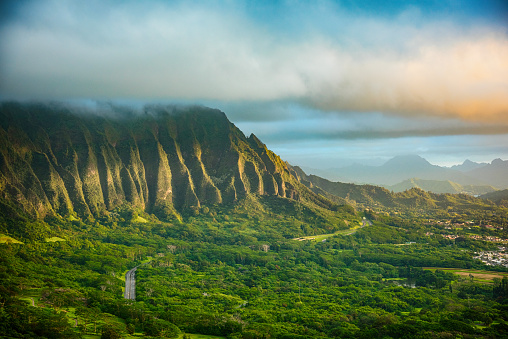 The beautiful landscape of interior Oahu at sunrise just after a storm had cleared.