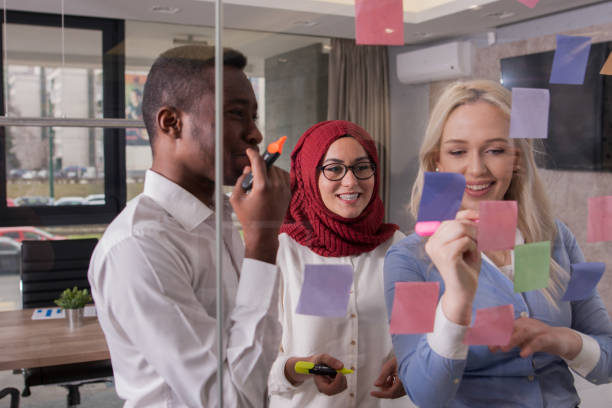 istock Business team discussing ideas on glass wall with sticky notes 700290014