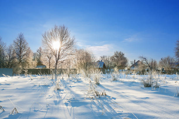 beautiful winter rural landscape with  village and snow