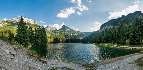 Panorama of lake surrounded by forest. Lago di valagola near Madonna di Campiglio, Italy.
