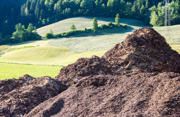 istock Tree bark at wood saw facility with Austrian landscape in the back 700313636