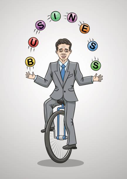 illustrazioni stock, clip art, cartoni animati e icone di tendenza di uomo d'affari in sella a un monociclo che destreggia le palle. - unicycle cycling balance businessman