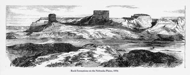 formacje skalne na równinach nebraska wiktoriańskie grawerowanie, 1856 - santa fe trail stock illustrations