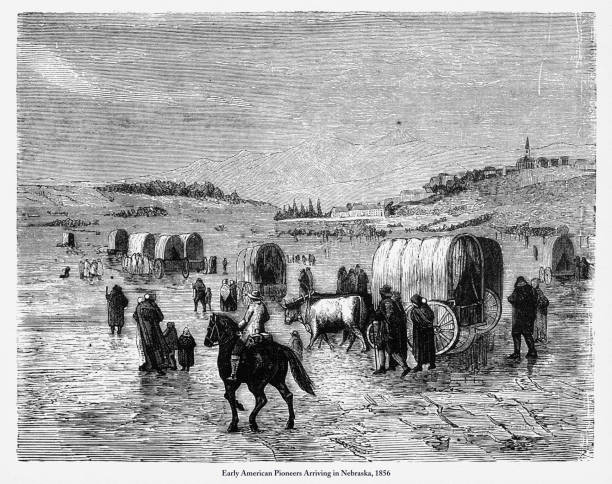 illustrations, cliparts, dessins animés et icônes de en arrivant dans le nebraska, les pionniers début américain victorienne gravure, 1856 - santa fe trail