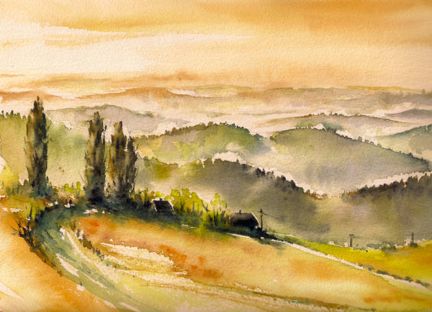 Landscape Landscape with wineyards at sunset in South Styria watercolors painted. watercolor painting landscapes stock illustrations