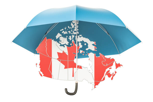 Canadian map under umbrella. Security and protect or insurance concept, 3D rendering isolated on white background