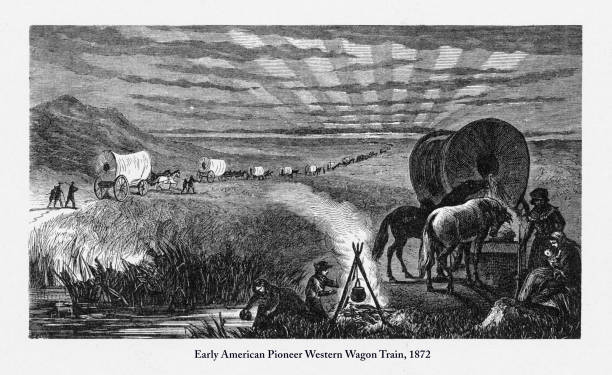 illustrazioni stock, clip art, cartoni animati e icone di tendenza di pioneer western wagon train, incisione vittoriana dei primi americani, 1872 - santa fe trail