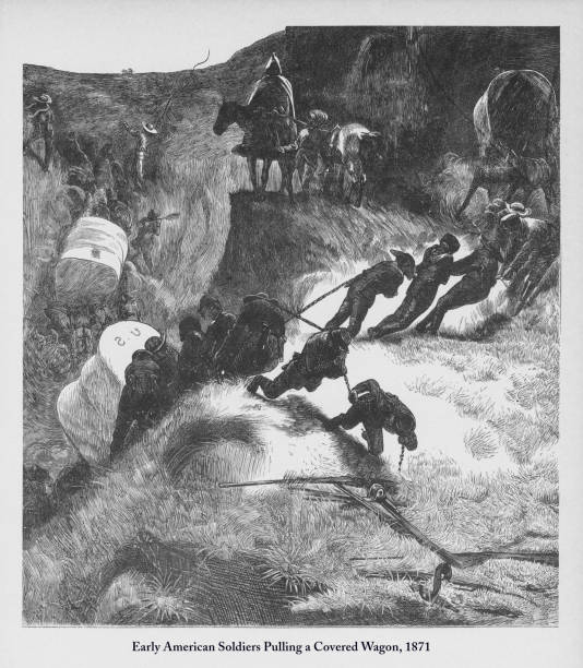 illustrazioni stock, clip art, cartoni animati e icone di tendenza di soldiers pulling a covered wagon, early american victorian engraving, 1871 - santa fe trail