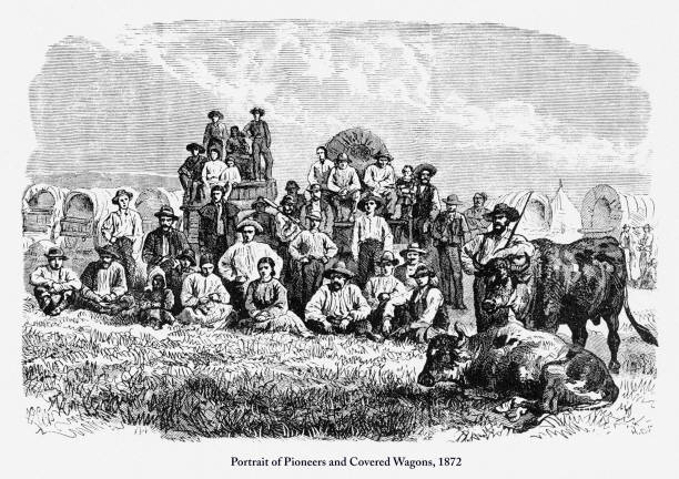 illustrations, cliparts, dessins animés et icônes de portrait des pionniers et des wagons couverts, gravure américaine tôt, 1872 - santa fe trail