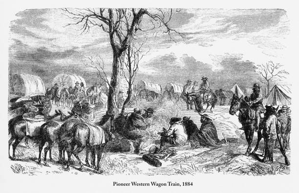 illustrazioni stock, clip art, cartoni animati e icone di tendenza di pioneer western wagon train, incisione vittoriana dei primi americani, 1884 - santa fe trail