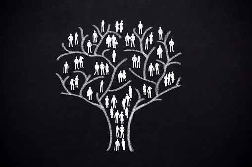 tree with human man and woman silhouettes instead of leaves. Concept of social network, teamwork and family tree.