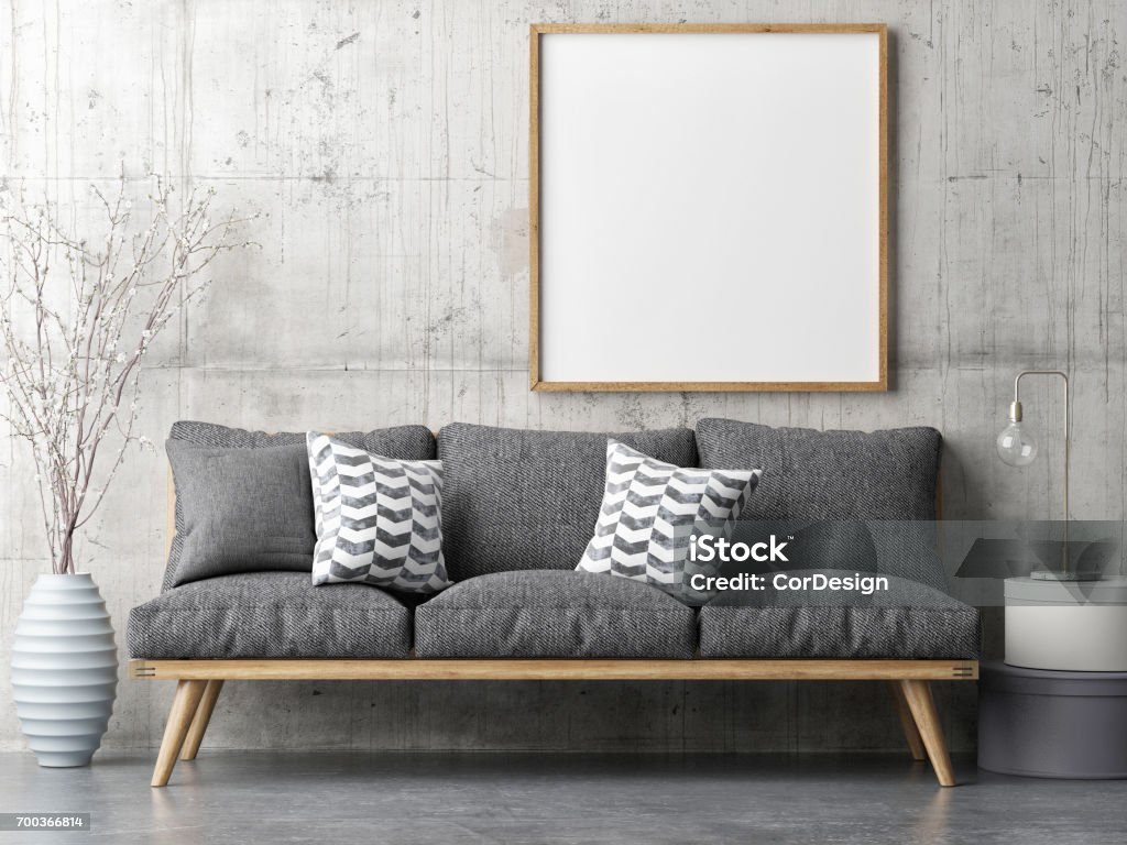 Poster with retro sofa, minimalism interior concept Poster with retro sofa, minimalism interior concept, 3d illustration Surrounding Wall Stock Photo