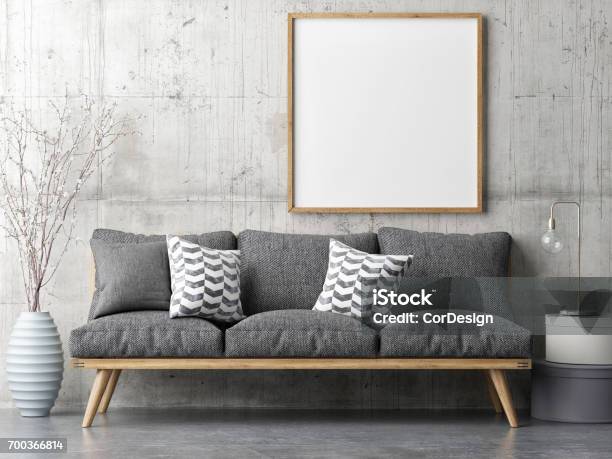 Poster With Retro Sofa Minimalism Interior Concept Stock Photo - Download Image Now