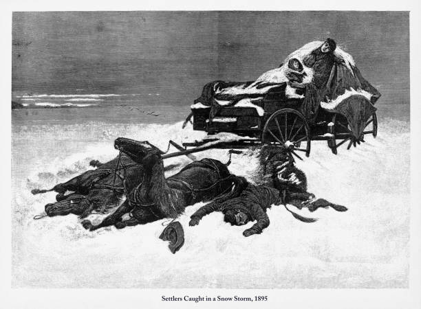 illustrazioni stock, clip art, cartoni animati e icone di tendenza di settlers caught in a snow storm, early american engraving, 1895 - santa fe trail