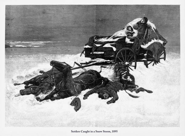 osadnicy złapani w śnieżnej burzy, wczesne amerykańskie grawerowanie, 1895 - santa fe trail stock illustrations