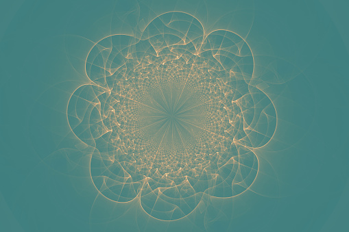 An abstract fractal mandala pattern in golden color on the light-blue background