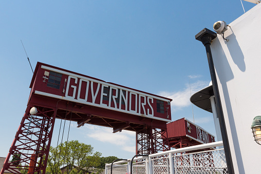 The welcome sign to Governors Island on the Manhattan side.