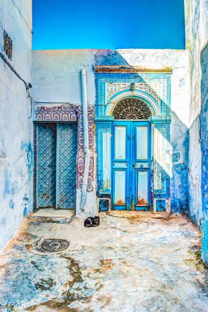 Traditional old painted door in a historical district or medina, Tunisia Traditional old painted door in a historical district or medina, Tunisia. Colorful textured image of muslim architecture. sousse tunisia stock pictures, royalty-free photos & images