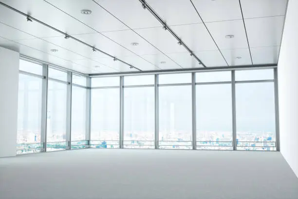 Interior of an empty modern office room overlooking Tokyo city view.