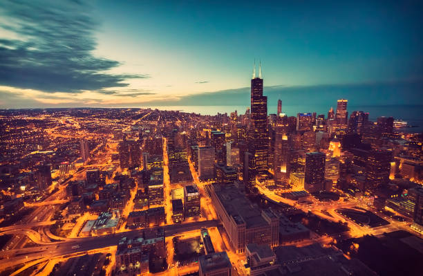 istock Chicago Downtown skyline aerial view at dusk 700469578