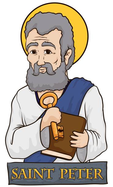 Saint Peter Holding a Book and Key with Stone Sign Poster with portrait of Saint Peter holding a key and a holy book behind a stone sign with his name. peter the apostle stock illustrations