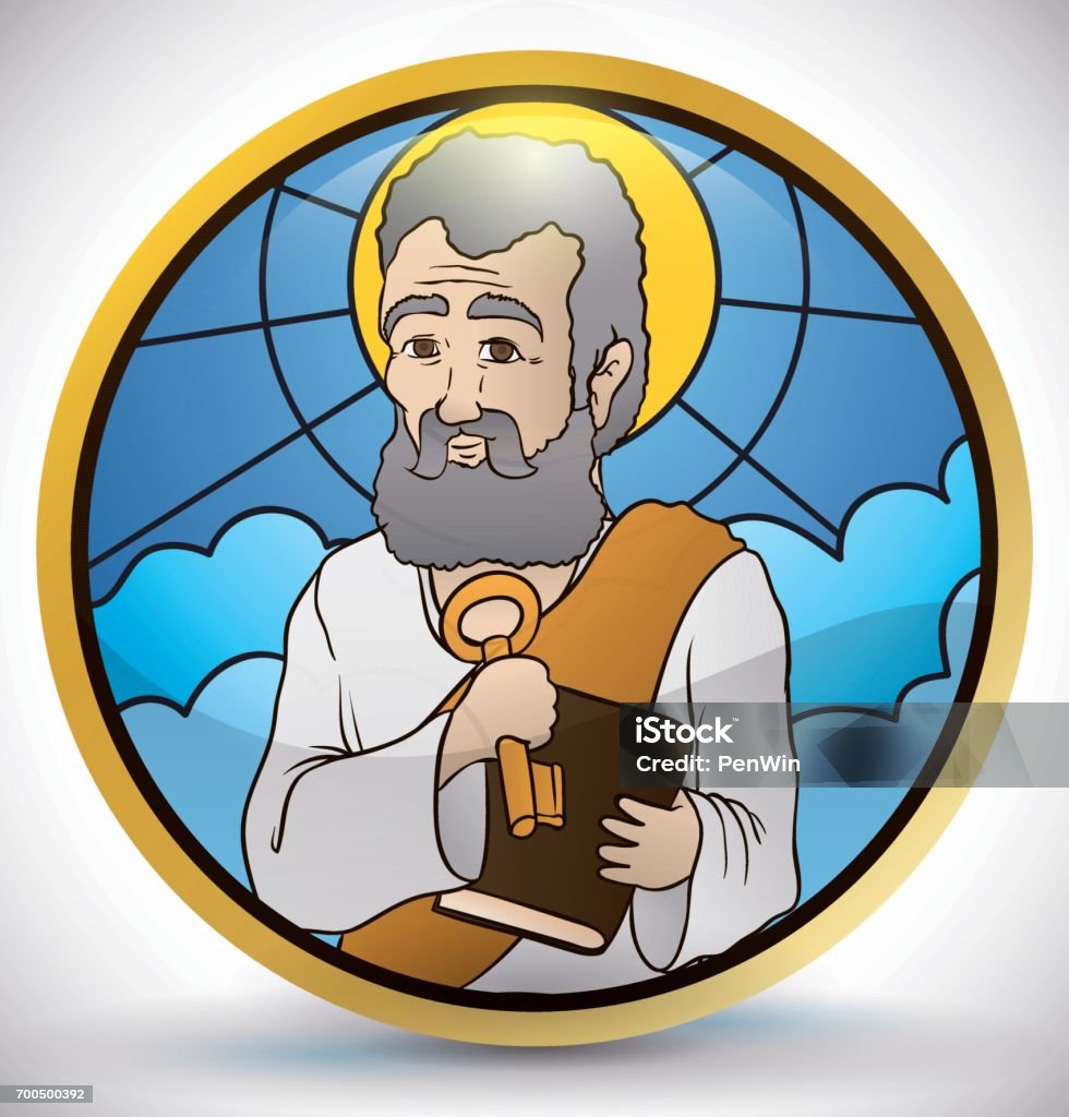 Round Button in Stained Glass Style with Saint Peter Image Poster with St. Peter image holding the Heaven's keys and book inside a golden round button with stained glass style. Peter the Apostle stock vector