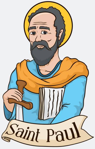 ilustrações de stock, clip art, desenhos animados e ícones de portrait of saint paul holding a sword and scrolls - santos populares