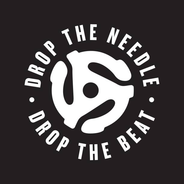 Drop the needle, drop the beat vinyl record emblem Vector DJ turntable design featuring record insert spindle adaptor. inserting stock illustrations