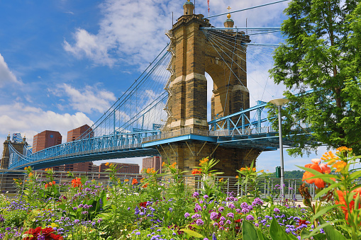The John A. Roebling Bridge was built in 1866 to connect Covington, Kentucky to Cincinnati , Ohio.  It spans the Ohio River.