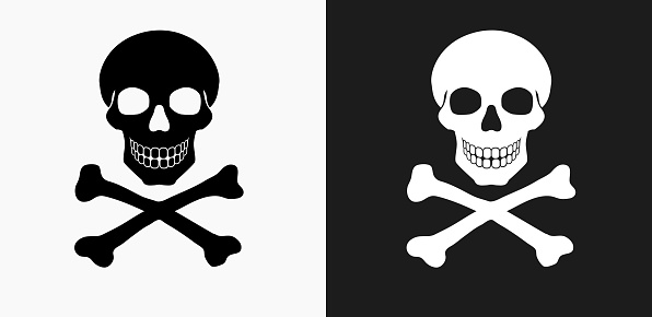 Skull and Crossbones Icon on Black and White Vector Backgrounds. This vector illustration includes two variations of the icon one in black on a light background on the left and another version in white on a dark background positioned on the right. The vector icon is simple yet elegant and can be used in a variety of ways including website or mobile application icon. This royalty free image is 100% vector based and all design elements can be scaled to any size.