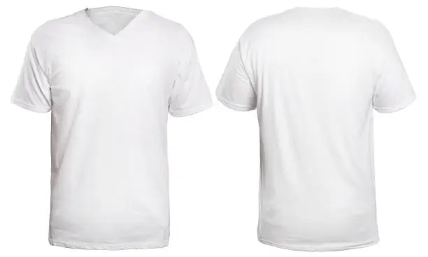 Blank v-neck shirt mock up template, front and back view, isolated on white, plain t-shirt mockup. V Neck tee design presentation for print.