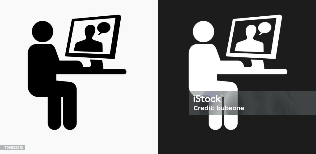 Person Chatting on Computer Icon on Black and White Vector Backgrounds Person Chatting on Computer Icon on Black and White Vector Backgrounds. This vector illustration includes two variations of the icon one in black on a light background on the left and another version in white on a dark background positioned on the right. The vector icon is simple yet elegant and can be used in a variety of ways including website or mobile application icon. This royalty free image is 100% vector based and all design elements can be scaled to any size. Black And White stock vector