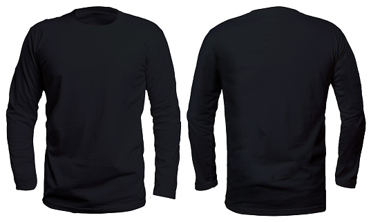 Blank long sleve shirt mock up template, front and back, isolated on white, plain black t-shirt mockup. Long sleeved tee design presentation for print.