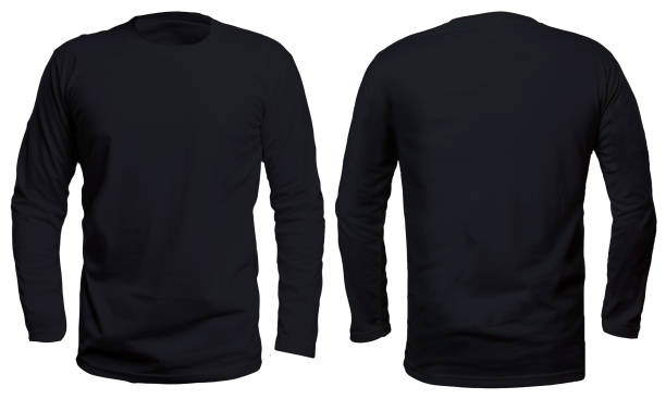 Black Long Sleeve Shirt Mock up Blank long sleve shirt mock up template, front and back, isolated on white, plain black t-shirt mockup. Long sleeved tee design presentation for print. all shirts stock pictures, royalty-free photos & images