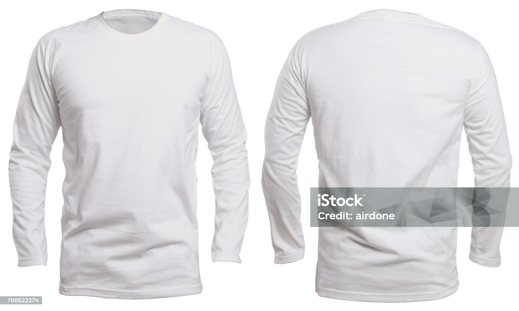 White Long Sleeve Shirt Mock up Blank long sleve shirt mock up template, front and back view, isolated on white, plain white t-shirt mockup. Long sleeved tee design presentation for print. Long Sleeved Stock Photo