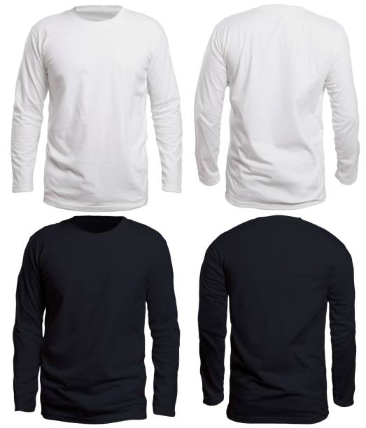 Black and White Long Sleeve Shirt Mock up Blank long sleve shirt mock up template, front view, isolated on white, plain black and white t-shirt mockup. Long sleeved tee design presentation for print. long sleeved stock pictures, royalty-free photos & images