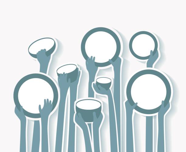 ilustraciones, imágenes clip art, dibujos animados e iconos de stock de la pobreza afectados por hambre hambruna manos con platos vacíos y tazones de fuente azul pegatinas - hambriento