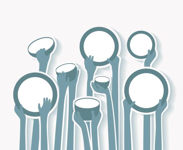 Poverty Stricken Starving Famine Hands with Empty Plates and Bowls blue stickers Starving Famine Hands with Empty Plates and Bowls - Poverty concept hungry stock illustrations