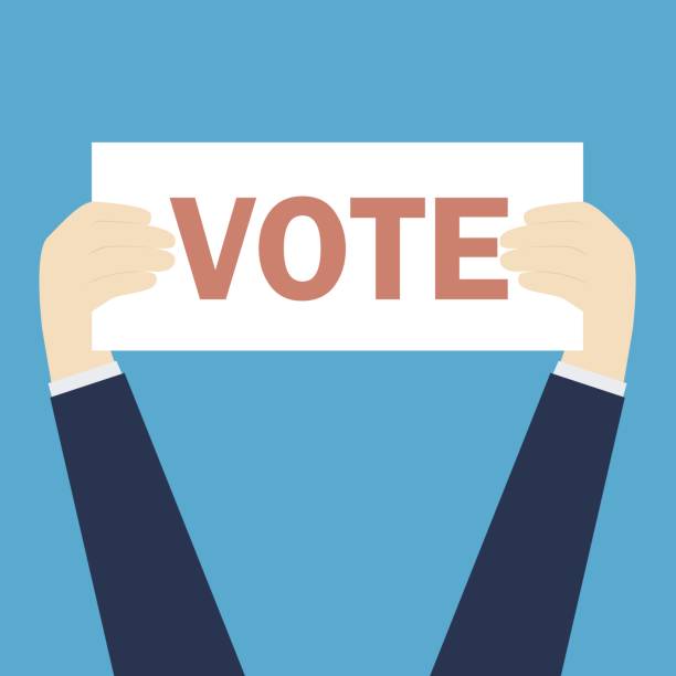 istock Businessmen holding a signboard with the word vote. Vector illustration. 700528452