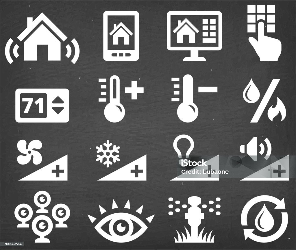Home Automation Security and Temperature interface vector icon set Home Automation Security and Temperature interface vector icon set. This image features a set of roaylty free vector icons in white on a chalkboard. The icons can be used separately or as part of a set. The chalk board has a slight texture. Camera - Photographic Equipment stock vector